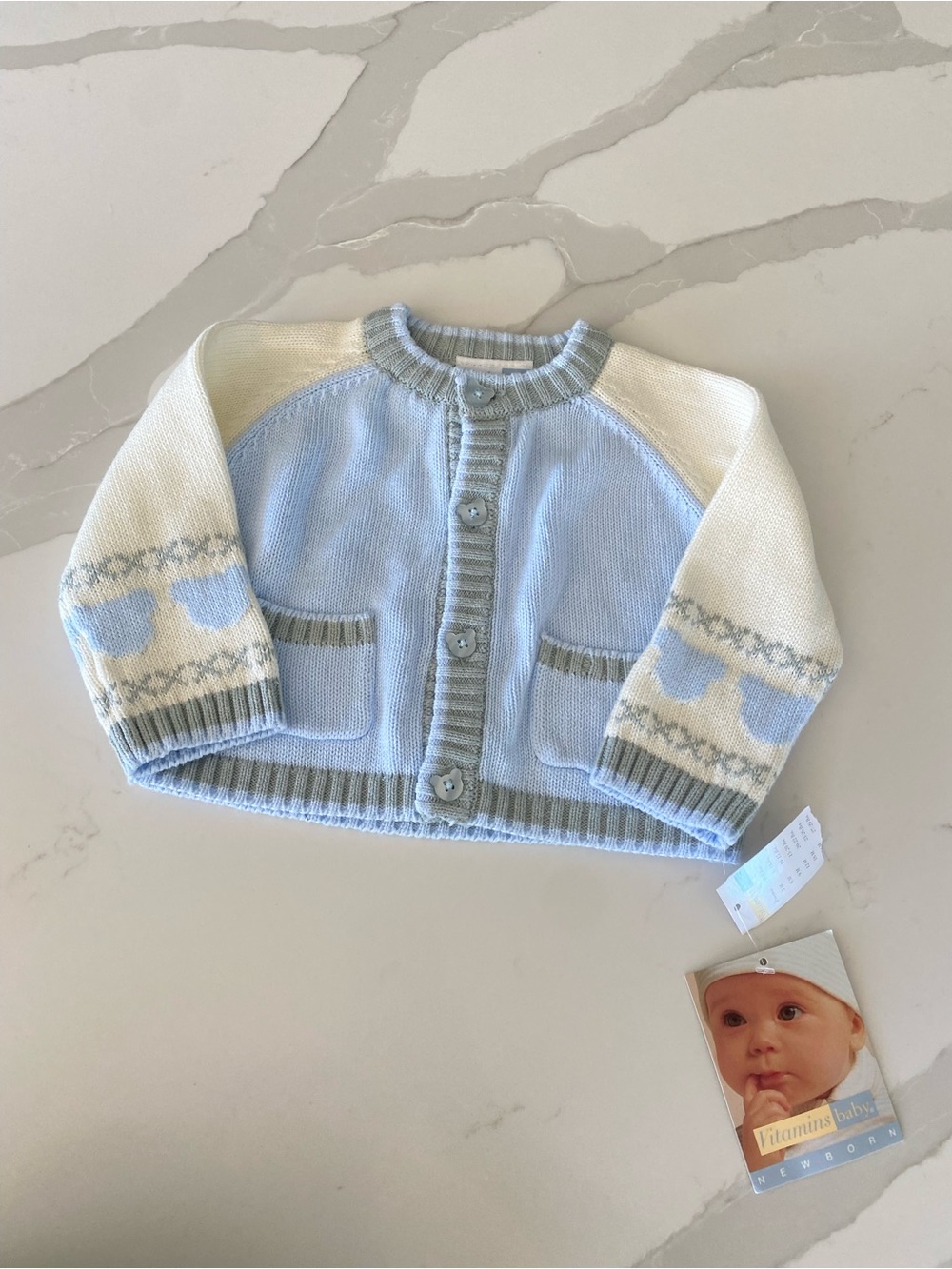 Vtg style Y2K Vitamins Baby bear Knit 100% Cotton Cardigan Sweater 6M